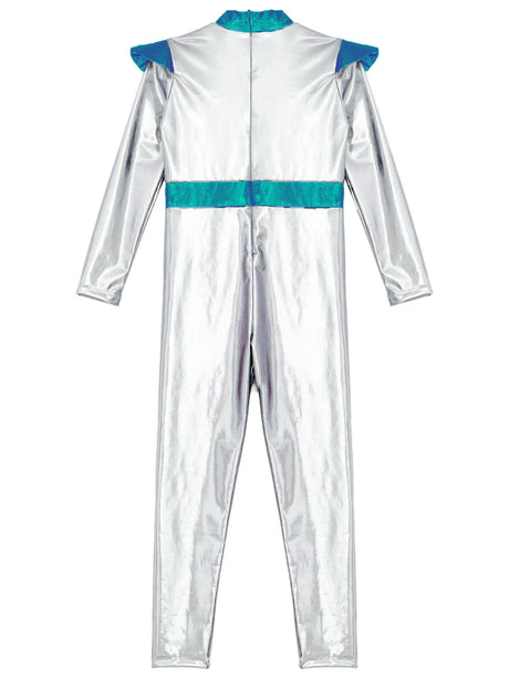 Girls Boys Alien Costume Shiny Metallic Full Body Suit Space Astronaut Robot Halloween Dress Up