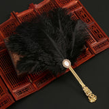 Ostrich Feather Fan Round Fan with Golden Hollow Handle Court Dance Hand Fans