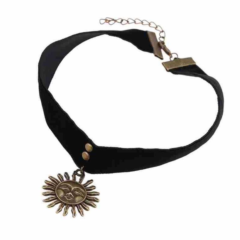 Black Velvet Ribbon Retro Sun Face Choker Necklace Leon Mathilda Y2k Jewellery