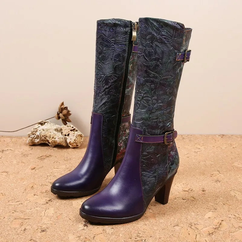 Purple Embossed Dragonfly Genuine Leather Long Boots