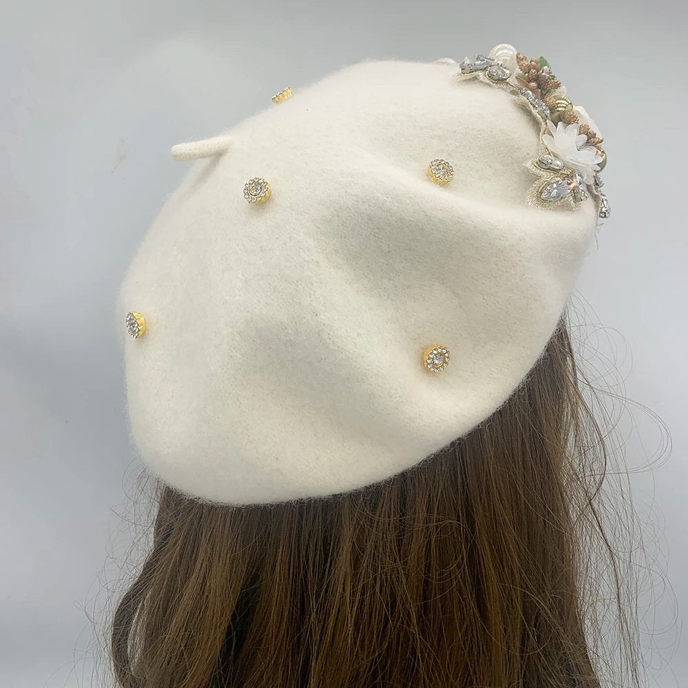 Margie's Flower Diamonte Winter Autumn Beret 10 Colours