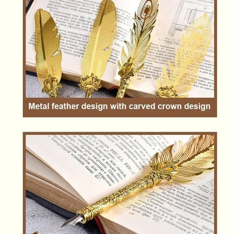 Golden Feather Quill Pens Set Dip Fountain Pens Ink Stationery Writing Gift Box Sets