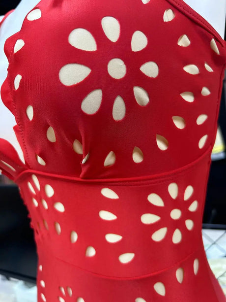 Red Flower Hollow Lace Swimsuit Skirt Resort Wear