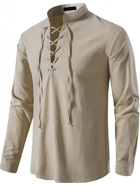 Men's Pure Cotton Medieval Lace Up Shirts Renaissance Pirate Viking T-shirt