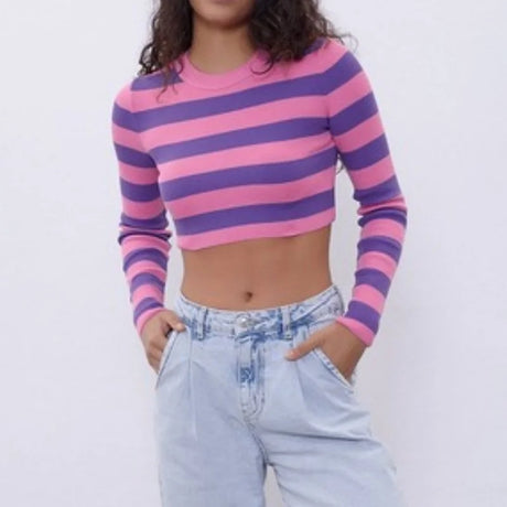 Cheshire Cat Purple and Pink Striped Cropped Sweater Rib-Knit Long Sleeve T-Shirt
