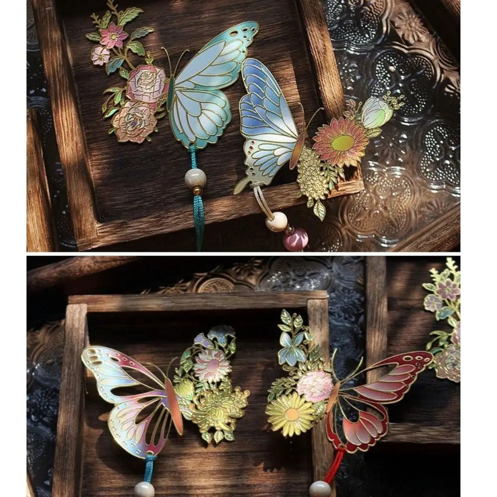 Butterfly Flowers Metal Tassel Bookmarks
