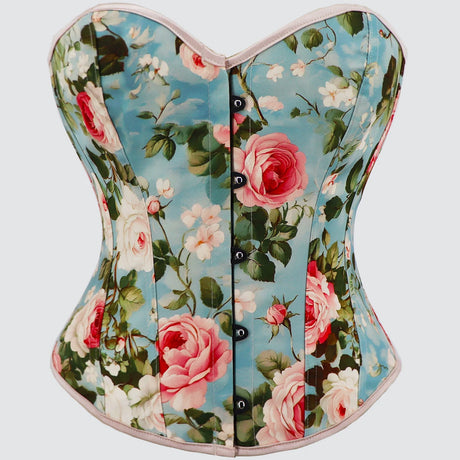 Roses and Blue Skies Floral Print Corset Overbust Corselet Bustiers
