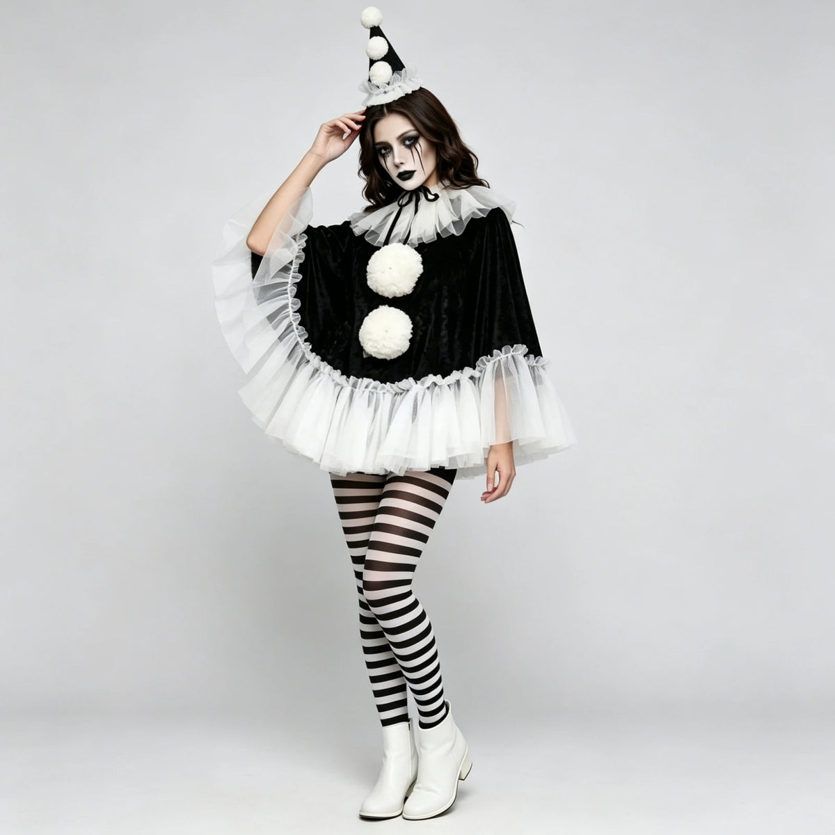 Women Pierrot Clown Costume 3Pcs Halloween Clown Cosplay Set