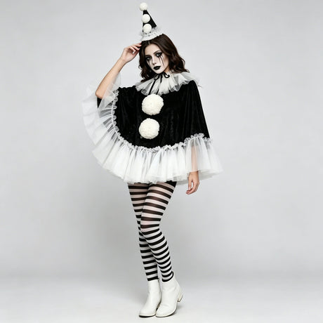 Women Pierrot Clown Costume 3Pcs Halloween Clown Cosplay Set