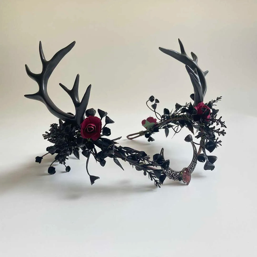 Handmade Black Antler Crown Gothic Woodland Headpiece Halloween Costume