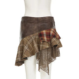 Goblincore Grunge Irregular Spliced Lace Plaid Skirt