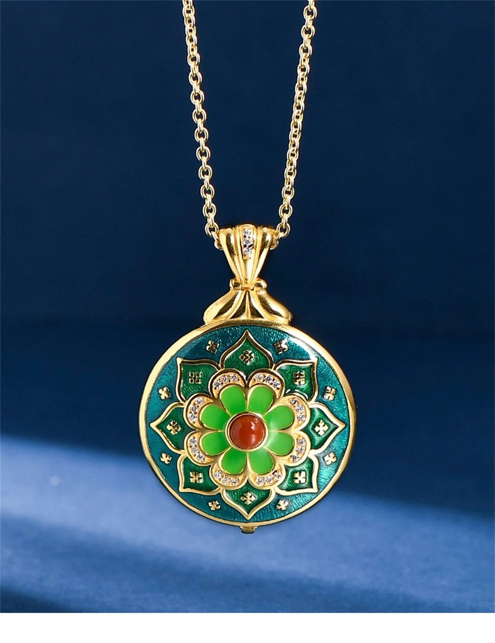 Green Lotus S925 Sterling Silver Locket Pendant Earrings Cloisonne Enamel
