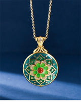 Green Lotus S925 Sterling Silver Locket Pendant Earrings Cloisonne Enamel