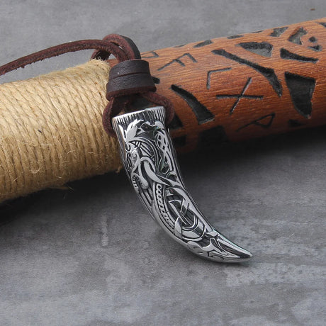 Viking Wolf Fang Stainless Steel Pendant Necklace For Men with Wooden Gift Box