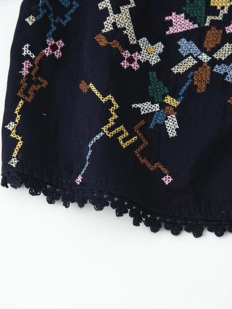Toni's Totem Flower Navy Embroidered Short Sleeve Jacket Short Coat