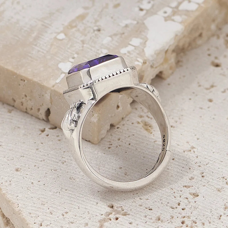Maga's Portal Key S925 Sterling Silver Diamond Ring Square Natural Amethyst