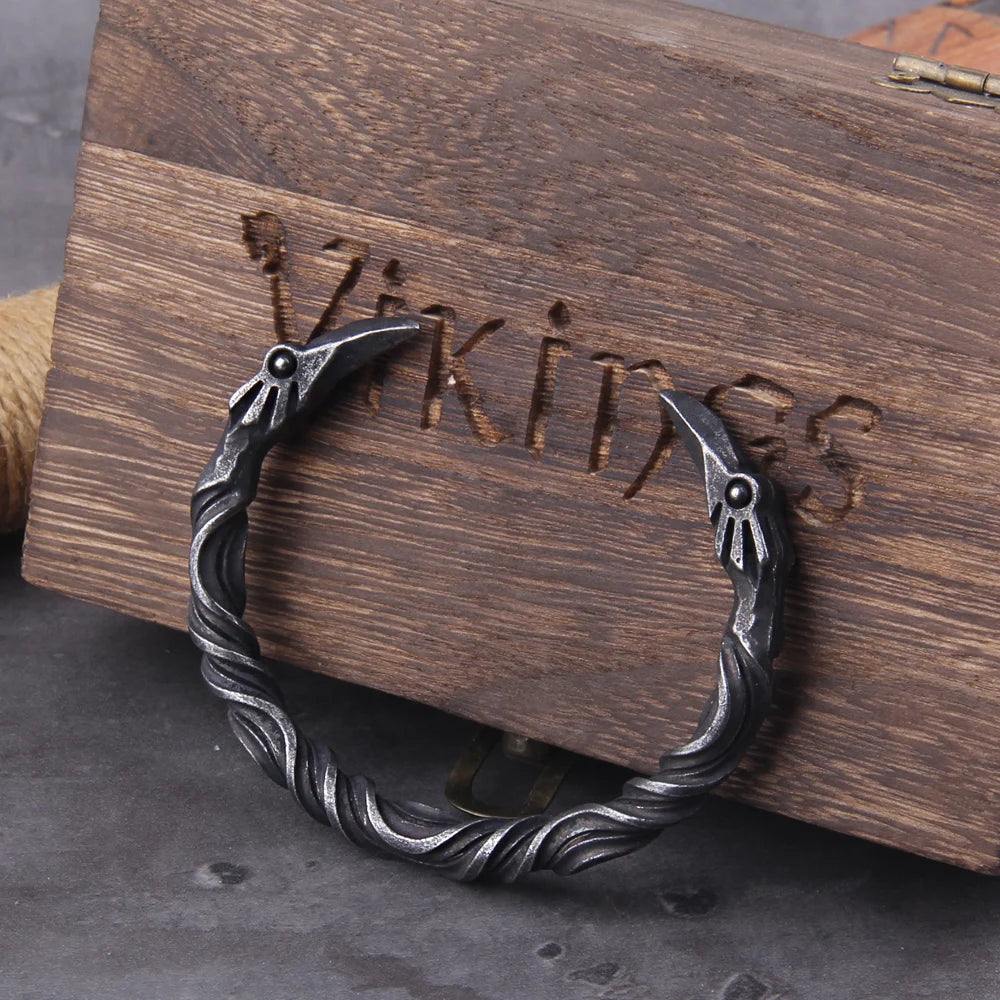 Stainless Steel Nordic Viking Norse Raven Cuff Bangle Mens Gift with Wooden Box