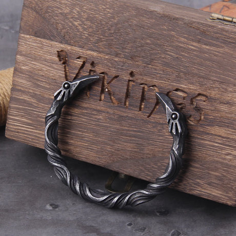 Stainless Steel Nordic Viking Norse Raven Cuff Bangle Mens Gift with Wooden Box