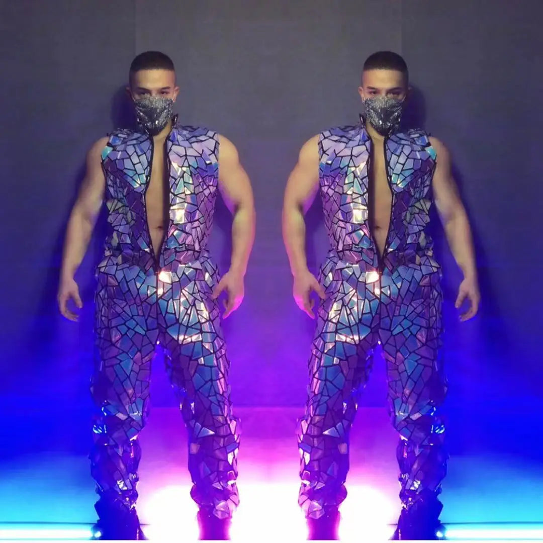 Mens Laser Mirror Sleeveless Jumpsuit Hip Hop Dancer Party Nightclub Outfit