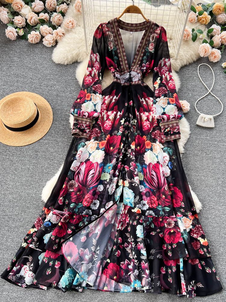 Mandy's Spring Boho Floral Chiffon Cascading Ruffles Dress