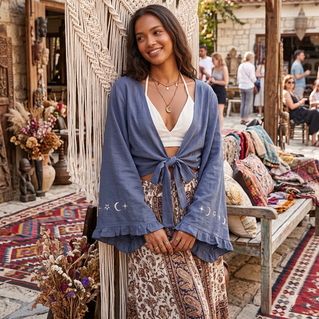 Boho Star Moon Embroidered Short Kimono Wrap Top Ruffled Flare Sleeves Cover-ups