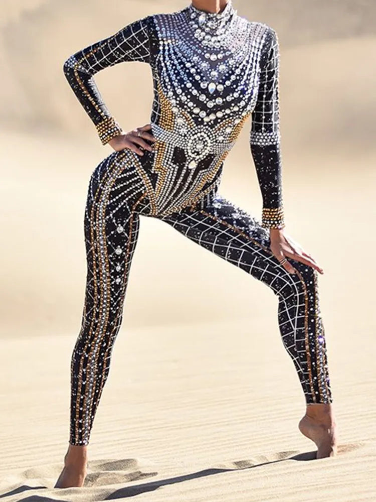 Shining Bedazzled Bodycon Bodysuit Showgirl Performance Costumes