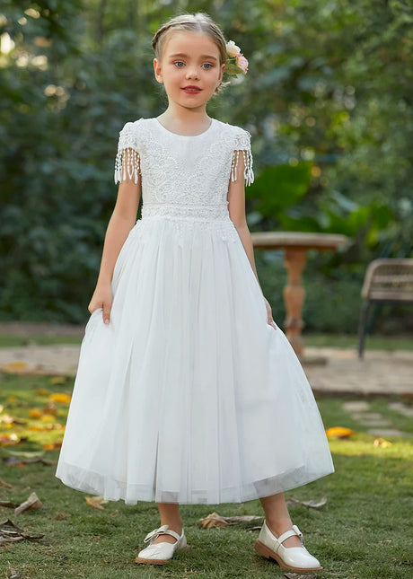 Girl's Beaded Lace Tassel White Tulle Special Occassion Dress