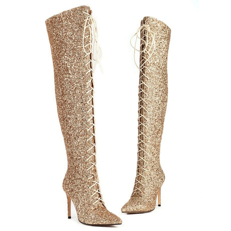 Gold Silver Red Lace-Up Over the Knee High Stiletto Boots