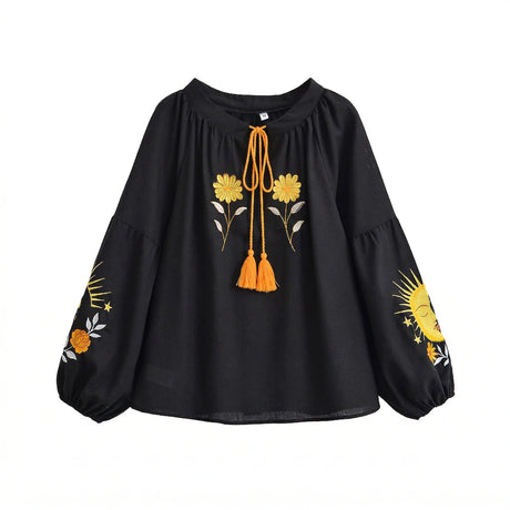 Sweet As Sunshine Vintage Sun and Floral Embroidered Linen Cotton Shirts Boho Tassel Blouse