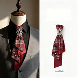Dark Academia Jabot Plaid Short Necktie Rhinestone Brooch Pearl Chain