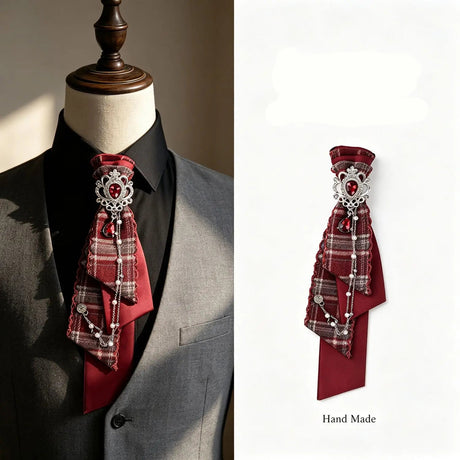 Dark Academia Jabot Plaid Short Necktie Rhinestone Brooch Pearl Chain