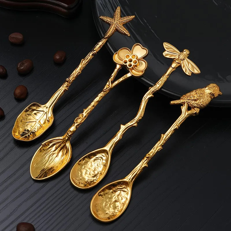 Dragonfly Teaspoons Bird, Starfish, Flower Golden Mini Spoons