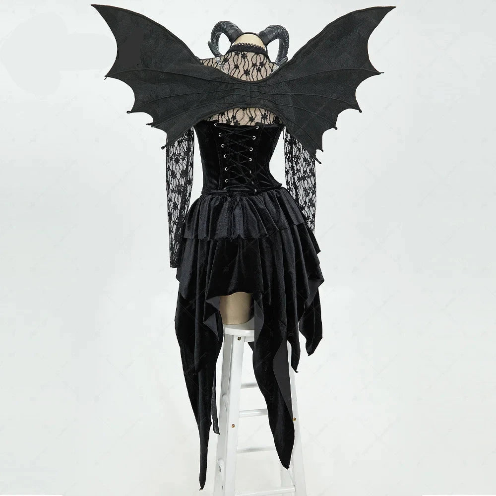 Gothic Black Devil Costume Set Lace Top Adjustable Corset with Irregular Skirt and Bat Wings for Halloween