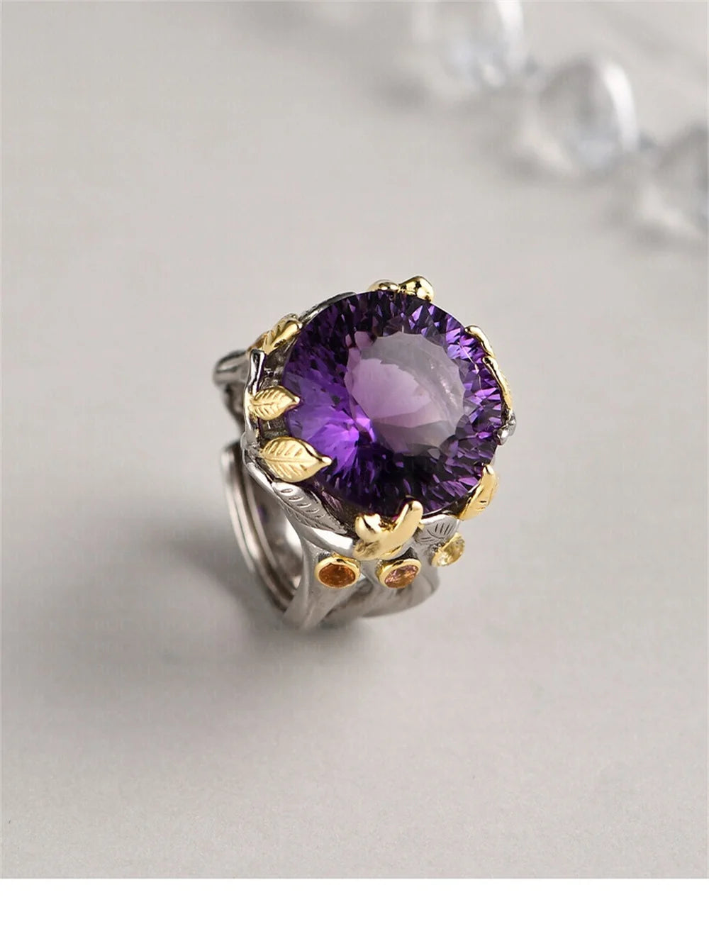 The Weaver's Treasures S925 Sterling Silver Rings Golden Leaves Natural Amethyst Tourmaline