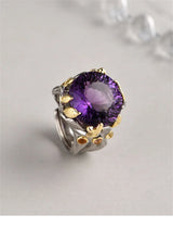 The Weaver's Treasures S925 Sterling Silver Rings Golden Leaves Natural Amethyst Tourmaline