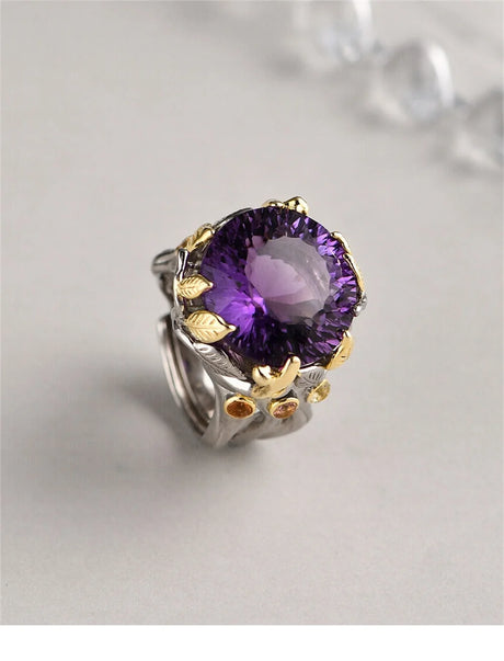 The Weaver's Treasures S925 Sterling Silver Rings Golden Leaves Natural Amethyst Tourmaline