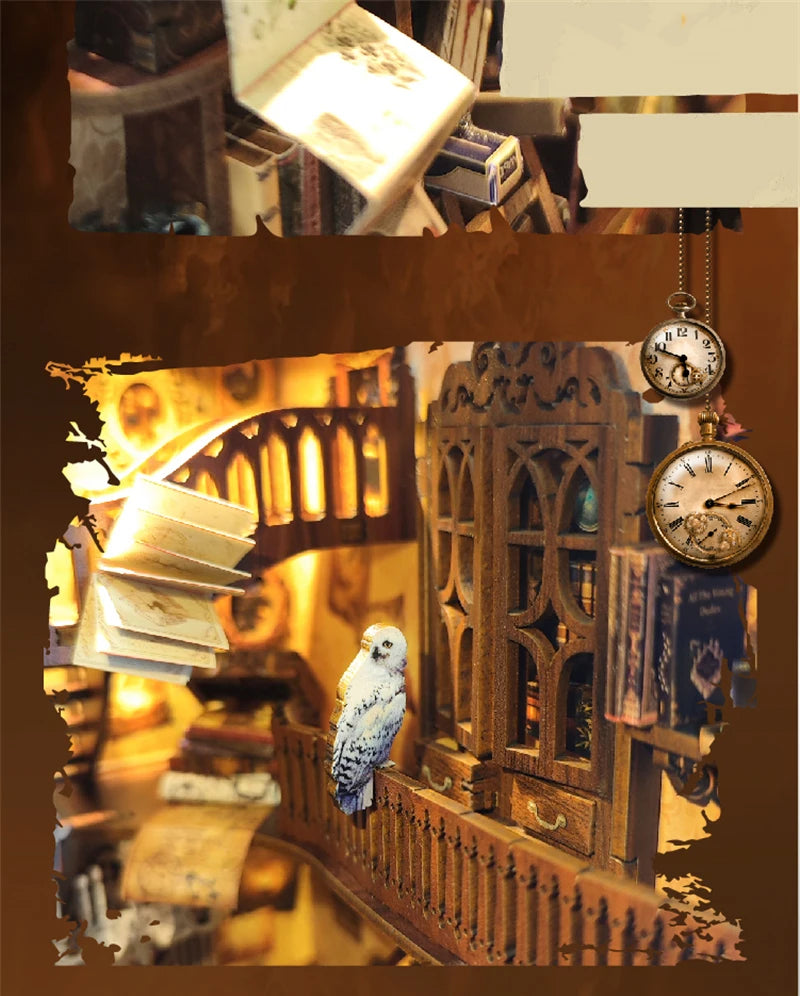 Magic Night Alley DIY Wooden Book Nook Shelf Insert Miniature Building Kits Bookshelf Decor with LED Lights
