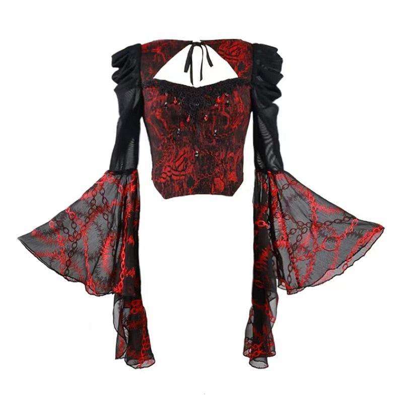 Red Gothic Embossed Jacquard Lace Top & Skirt