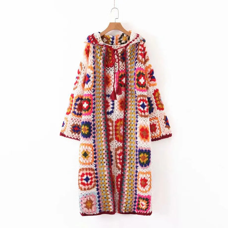 Granny Square Hand Crochet Mohair Hooded Long Cardigan