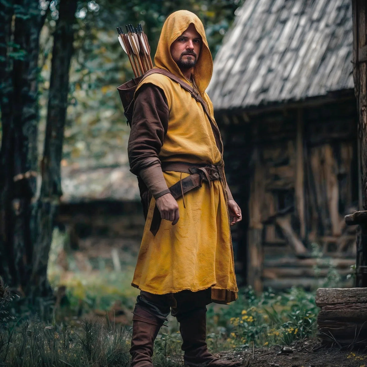 Medieval Mens Surcoat Linen Hooded Tunic Renfaire Cape LARP Ranger Cosplay