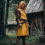 Medieval Mens Surcoat Linen Hooded Tunic Renfaire Cape LARP Ranger Cosplay