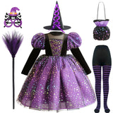 Purple Witch Girls Halloween Costume Star Tulle Party Dresses with Props