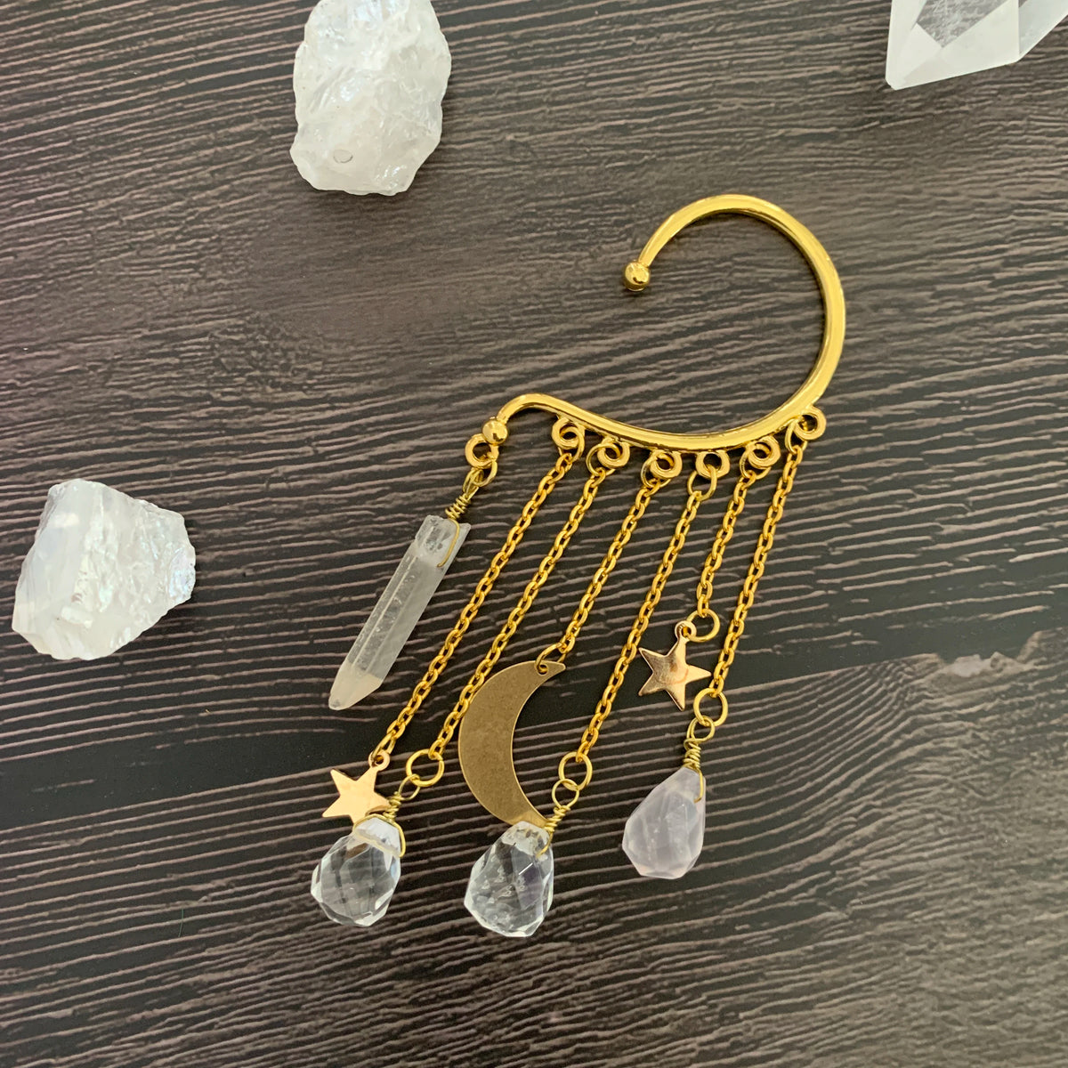 Natural Quartz Crystal Charm Ear Cuffs Sun Moon Single Ear Clip