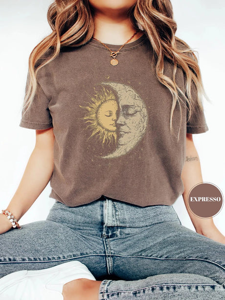Mystical Sun and Moon Face T-Shirt Vintage Celestial