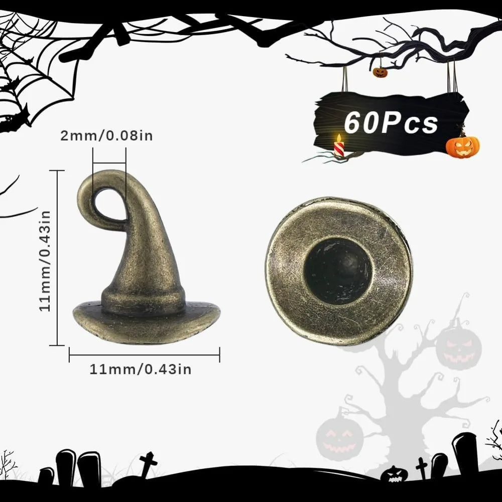1 Box 60Pcs Witch Hat Charms Metal Antique Bronze Wizard DIY Decor Jewellery Making