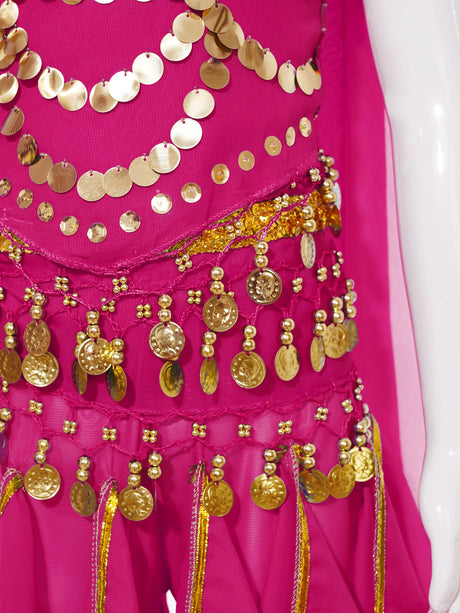 Girls Belly Dance Performance Outfit 4pcs Stage Costume Puff Sleeve Crop Top Ruffled Pants Hip Scarf Headscarf