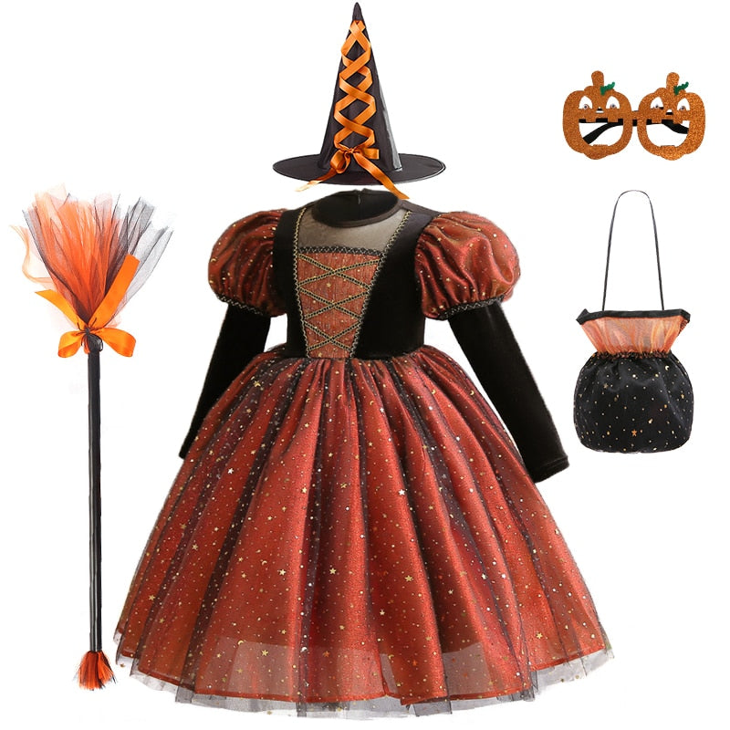 Tabitha's Halloween Witch Girls Orange Costume and Accessories