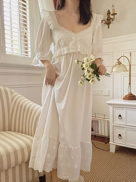 Summer Cotton Women's Sleepwear Antique French Style Lace Nightgown Nightdress