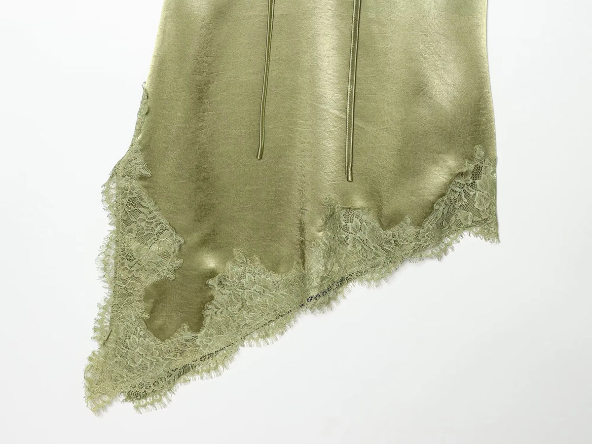 Y2k Asymmetrical Spliced Lace Satin Slip Long Camisole Top Layering Dress Side Slit Hem