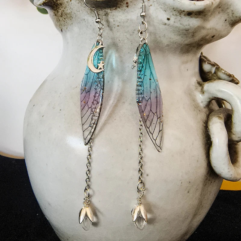 Crescent Moon Fairy Wings Crystal Quartz Dangle Earrings